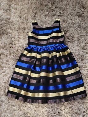 Gymboree Striped Satin Dress in Blue, Gold & Black